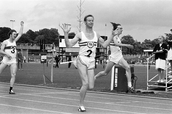 The finish of the 200 metre race at the 1971 International Athletics at Crystal Palace