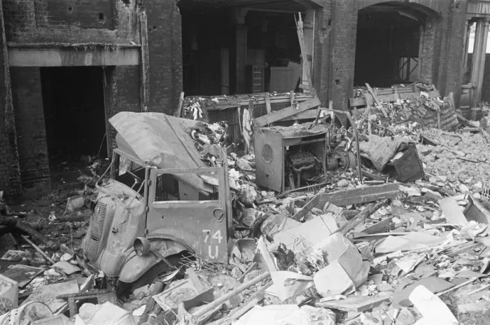 Framed Print : Fire appliances, hoses and ladders buried under debris at Carreras Tobacco Company Framed Print : Fire appliances, hoses and ladders buried under debris at Carreras Tobacco Company