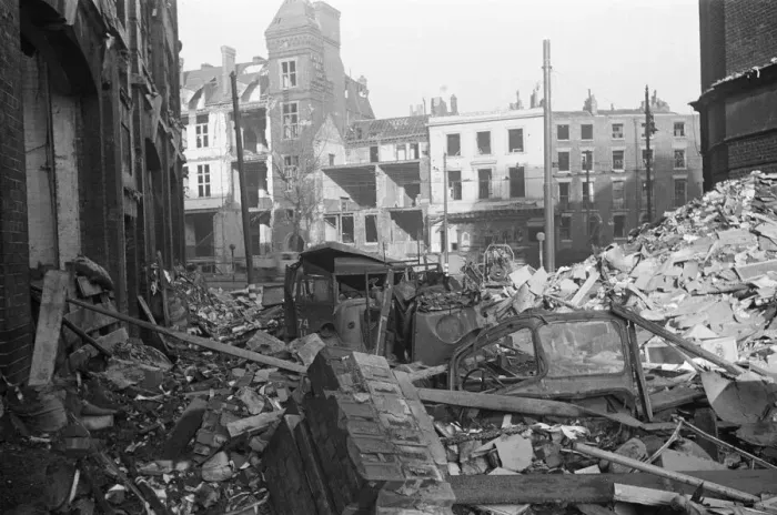 Framed Print : Fire appliances, hoses and ladders buried under debris at Carreras Tobacco Company