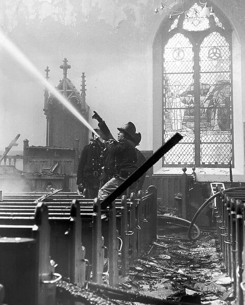 Fire at Morningside Baptist Church, December 1973. Firemen battle against
