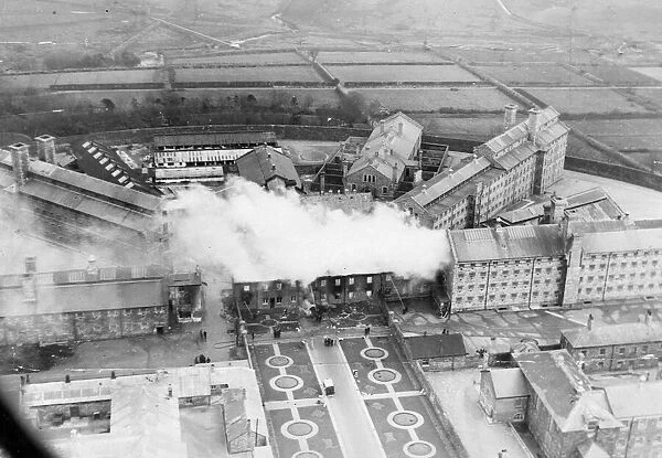 Fire started by prisoners during riot at Dartmoor Prison, January 1932