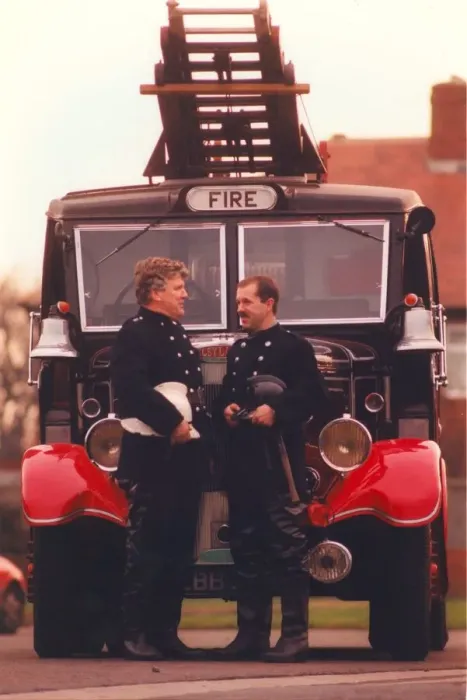 Framed Print : Firefighters Alistair Adam (moustache) and Paul Craggs have restored a 1937 Leyland fire Framed Print : Firefighters Alistair Adam (moustache) and Paul Craggs have restored a 1937 Leyland fire