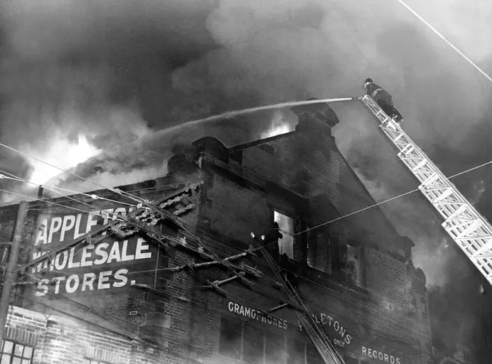 Framed Print : Firefighters batlle to contain the fire at the Appletons warehouse buildings on New Framed Print : Firefighters batlle to contain the fire at the Appletons warehouse buildings on New
