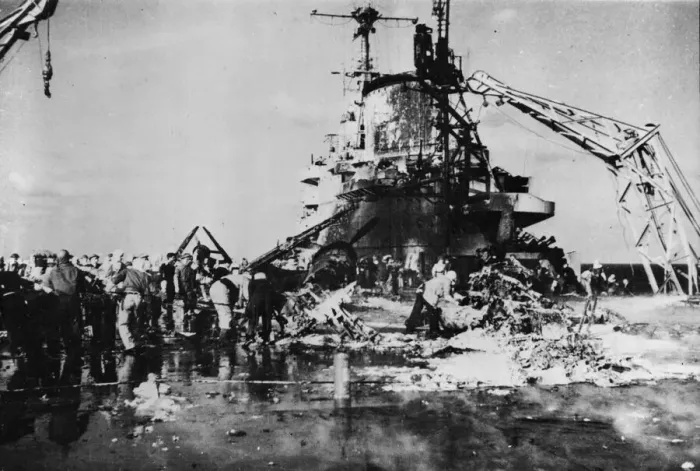 Framed Print : Firefighters on board HMS Formidable inspect the wreckage Framed Print : Firefighters on board HMS Formidable inspect the wreckage