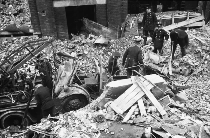 Framed Print : Firefighters clear fire appliances, hoses and ladders buried under debris at Carreras Framed Print : Firefighters clear fire appliances, hoses and ladders buried under debris at Carreras