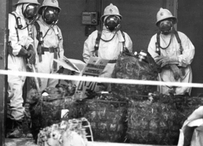 Framed Print : Firefighters donned protective clothing when 10 gallons of nitric acid was splilled in a Framed Print : Firefighters donned protective clothing when 10 gallons of nitric acid was splilled in a