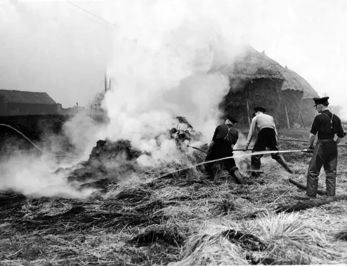 Framed Print : Firefighters fight to contain the stack fire at Manor House Farm, Kenton, Newcastle Framed Print : Firefighters fight to contain the stack fire at Manor House Farm, Kenton, Newcastle