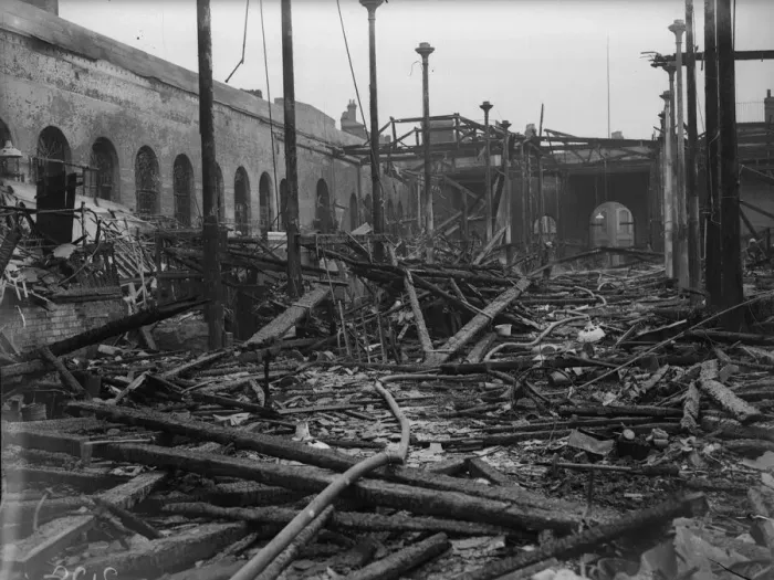 Framed Print : Fireman dampen down and sift through the burnt out shell of the Birmingham Market Hall Framed Print : Fireman dampen down and sift through the burnt out shell of the Birmingham Market Hall