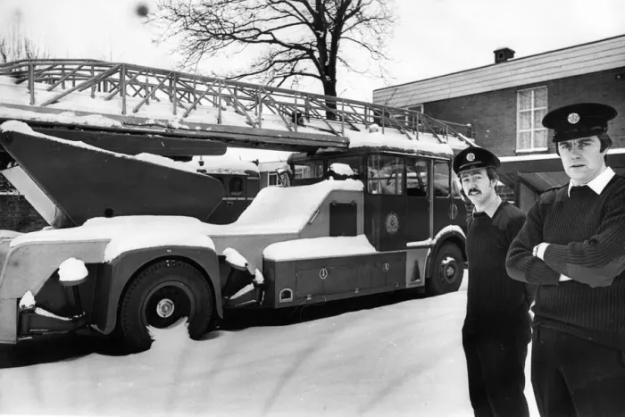 Framed Print : Firemen Brian O Dwyer and Graeme Calder with the turntable ladder machine which is up Framed Print : Firemen Brian O Dwyer and Graeme Calder with the turntable ladder machine which is up