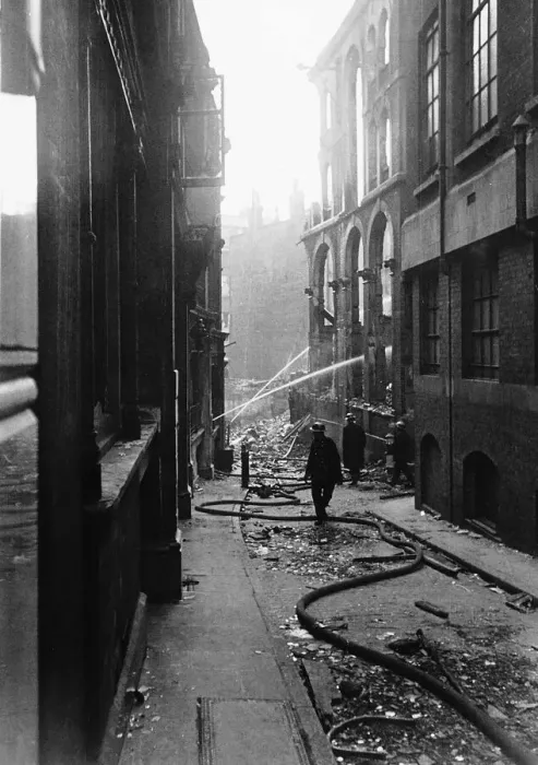 Framed Print : Firemen damp down a fire in Half Lane, City of London, after WW2 air raid Framed Print : Firemen damp down a fire in Half Lane, City of London, after WW2 air raid