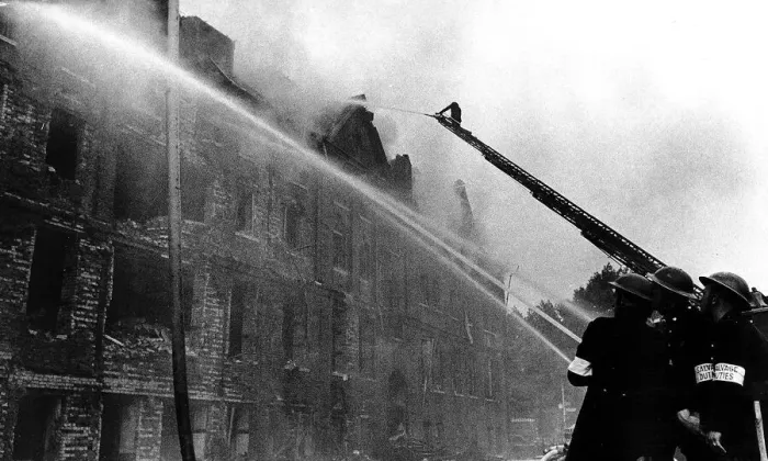 Framed Print : Firemen fight a fire in Camberwell New Road London after a German flying bomb attack Framed Print : Firemen fight a fire in Camberwell New Road London after a German flying bomb attack