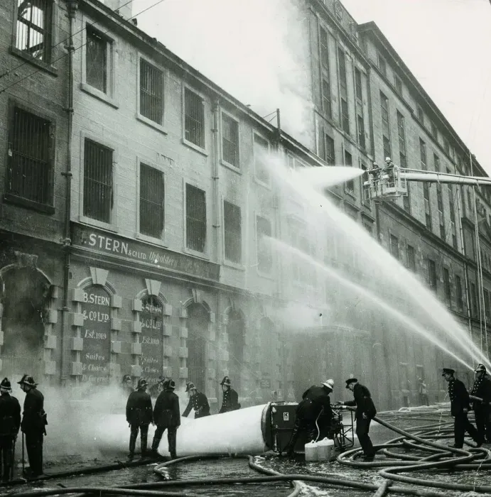Framed Print : Firemen hosing down a building after a warehouse fire on James Watt Street in Glasgow Framed Print : Firemen hosing down a building after a warehouse fire on James Watt Street in Glasgow