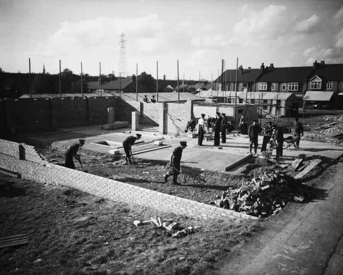 Framed Print : Firemen of the National Fire Service seen here building their own fire station at Bushey Framed Print : Firemen of the National Fire Service seen here building their own fire station at Bushey
