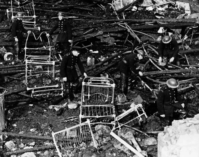 Framed Print : Firemen search the remains of a London hospital 1944 after an air raid by German Framed Print : Firemen search the remains of a London hospital 1944 after an air raid by German