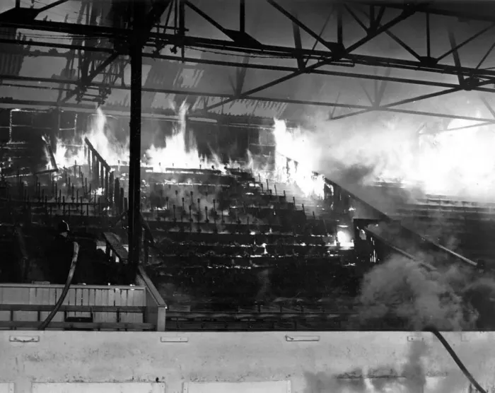 Framed Print : Firemen tackle a blaze at Coventry City Football Stadium, Highfield Road