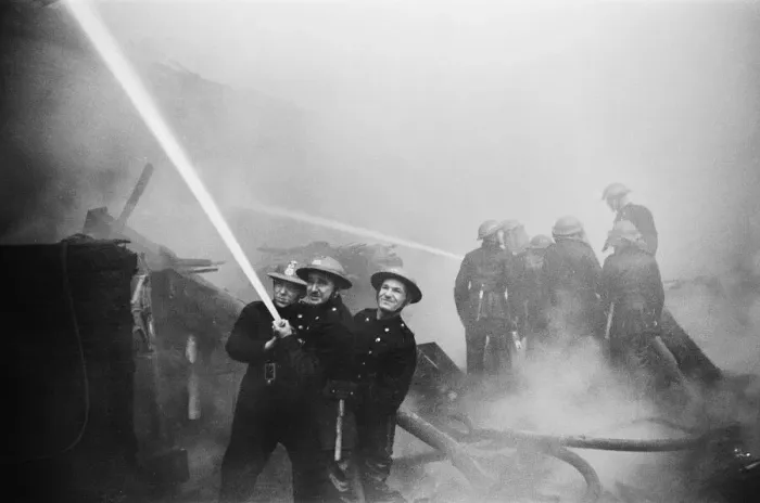 Framed Print : Firemen tackling a fire at Taylors Great Central Depository in St Georges Road Framed Print : Firemen tackling a fire at Taylors Great Central Depository in St Georges Road