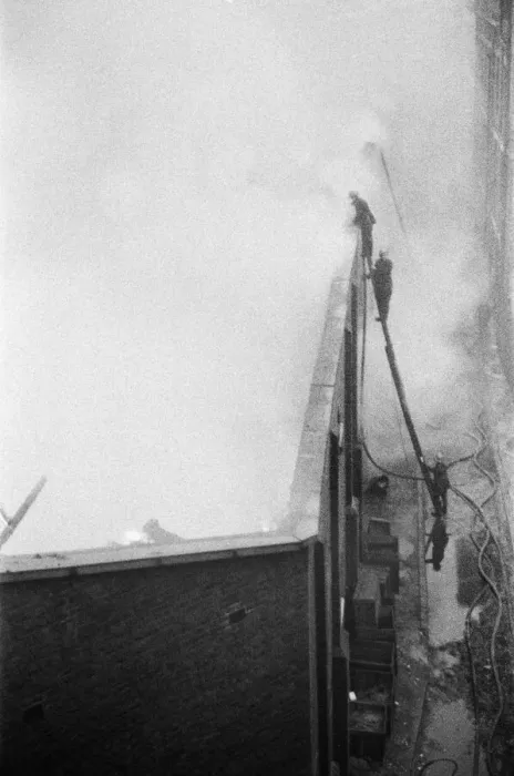 Framed Print : Firemen tackling a fire at Taylors Great Central Depository in St Georges Road Framed Print : Firemen tackling a fire at Taylors Great Central Depository in St Georges Road