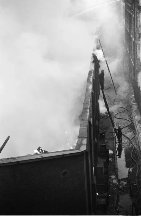 Framed Print : Firemen tackling a fire at Taylors Great Central Depository in St Georges Road Framed Print : Firemen tackling a fire at Taylors Great Central Depository in St Georges Road