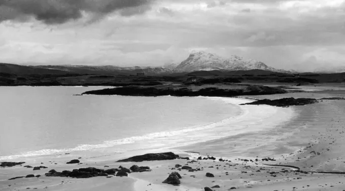 Framed Print : Firemore Sands, Inverasdale with Beinn Airidh Charr in the background. 26th April 1952