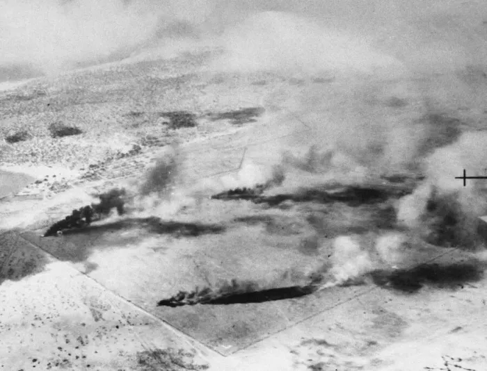 Framed Print : Fires rage in Somalia, Gobwen aerodrome in Middle East, desert after air strikes by R. A Framed Print : Fires rage in Somalia, Gobwen aerodrome in Middle East, desert after air strikes by R. A