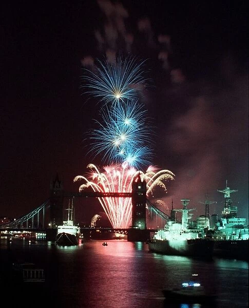 Fireworks Display over Tower Bridge, London during celebrations to mark the 90th