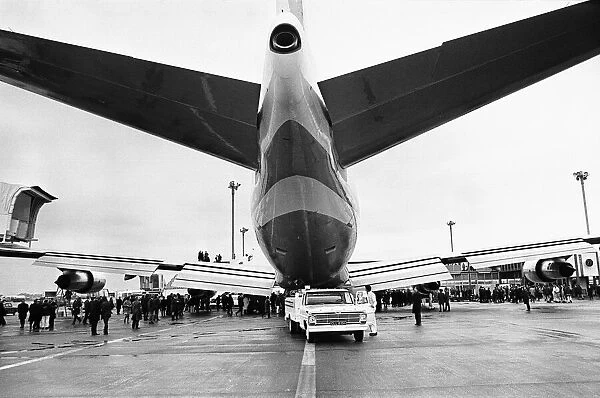 The first Boeing 747 Jumbo Jet seen here on the apron following its arrival