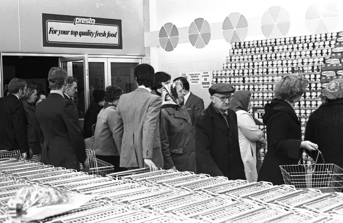 Framed Print : The first customers of the new Presto supermarket which opened in the Britannia Centre in Framed Print : The first customers of the new Presto supermarket which opened in the Britannia Centre in