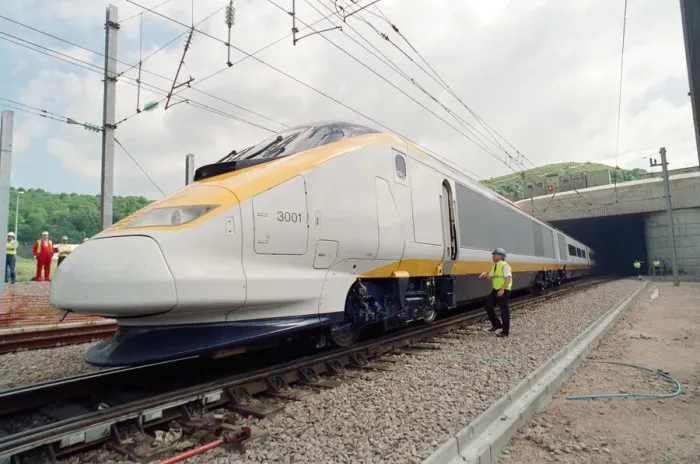 Framed Print : The first Eurostar test train hauled through the Channel Tunnel from France to Britain Framed Print : The first Eurostar test train hauled through the Channel Tunnel from France to Britain