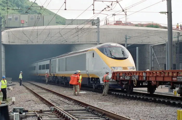Framed Print : The first Eurostar test train hauled through the Channel Tunnel from France to Britain