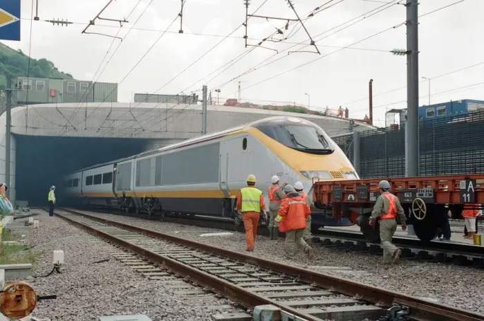 Framed Print : The first Eurostar test train hauled through the Channel Tunnel from France to Britain Framed Print : The first Eurostar test train hauled through the Channel Tunnel from France to Britain