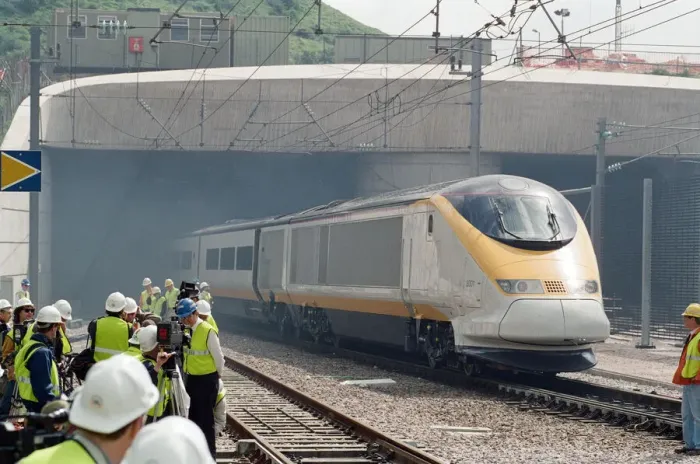Framed Print : The first Eurostar test train hauled through the Channel Tunnel from France to Britain Framed Print : The first Eurostar test train hauled through the Channel Tunnel from France to Britain