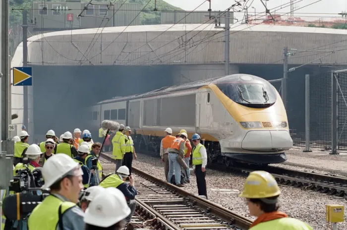 Framed Print : The first Eurostar test train hauled through the Channel Tunnel from France to Britain Framed Print : The first Eurostar test train hauled through the Channel Tunnel from France to Britain