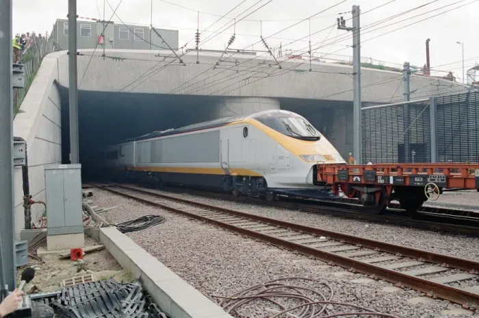 Framed Print : The first Eurostar test train hauled through the Channel Tunnel from France to Britain