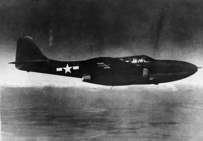 Framed Print : The first US jet propelled plane, the P-59 Airacomet is shown in a test flight Framed Print : The first US jet propelled plane, the P-59 Airacomet is shown in a test flight