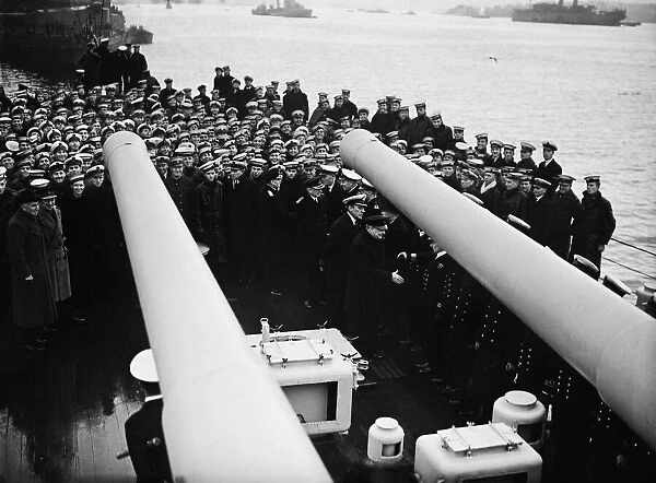 First Lord of the Admiralty Winston Churchill visits HMS Exeter to welcome her home at
