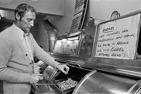 Fish and chip shop in Teesside to sell bread due to potato shortage. 1975