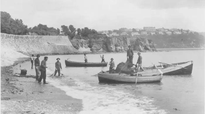 Framed Print : Fishermen launching their seine nets off Livermead beach in 1888 Framed Print : Fishermen launching their seine nets off Livermead beach in 1888