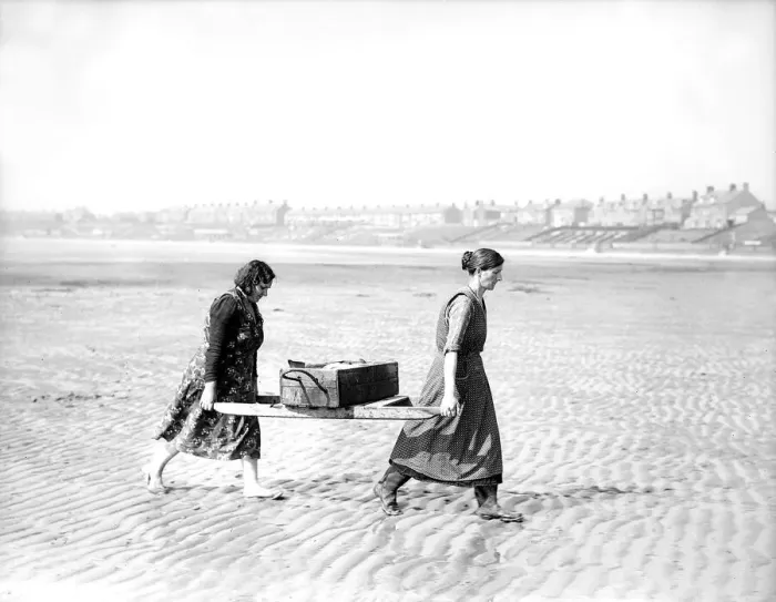 Framed Print : Fisherwomen of New Biggin England carrying their catch Women fulfilling Mens work Framed Print : Fisherwomen of New Biggin England carrying their catch Women fulfilling Mens work