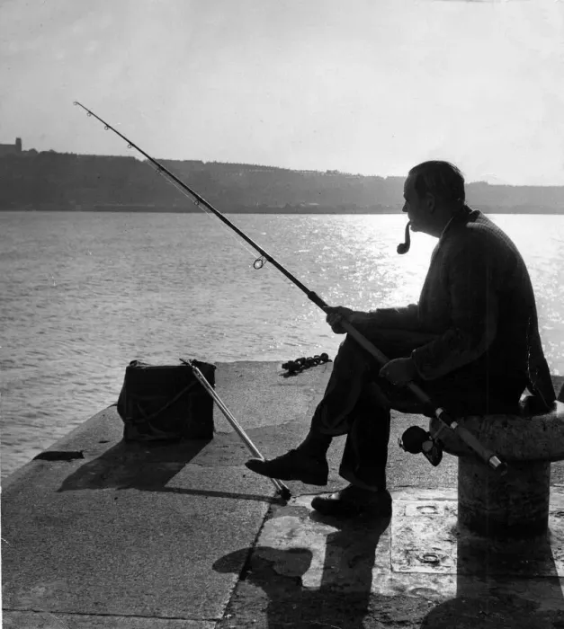 Framed Print : Fishing - Major R. E. Vargas of Pontypridd sits at the entrance to Cardiff Docks for a Framed Print : Fishing - Major R. E. Vargas of Pontypridd sits at the entrance to Cardiff Docks for a