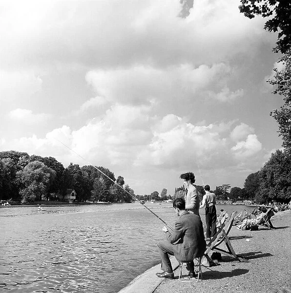 Fishing on river Thames at Kingston, London (formerly Surrey) August 1953