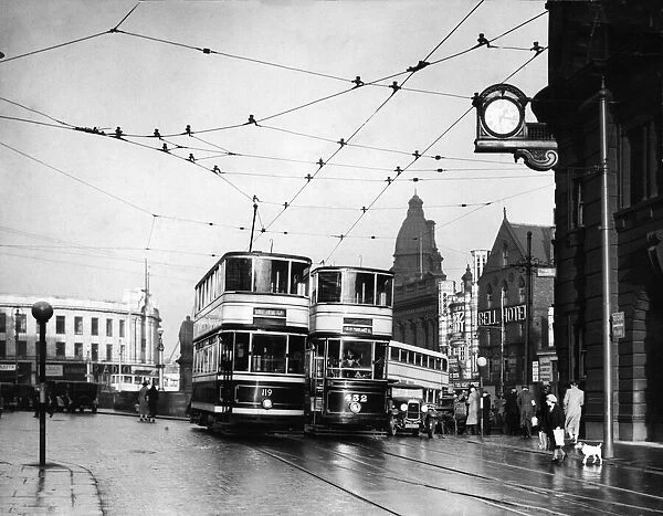 Fitzalan Square, Sheffield, Yorkshire, England in winter 1937 Picture shows trams