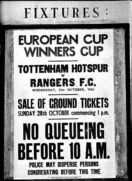 Fixtures notice advertising the sale of tickets for Tottenham Hotspur v Rangers