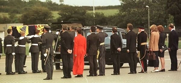 The flag draped coffin of Princess Diana arrives at Northolt Airport