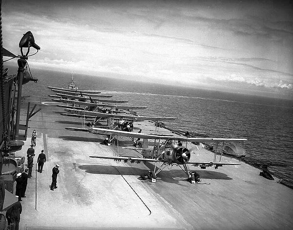 Fleet of Fairey Swordfish planes on board HMS Ark Royal during WW2
