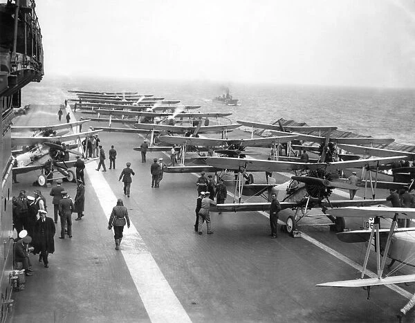 The Flight Deck of the Royal navy aircraft carrier HMS Courageous showing the planes