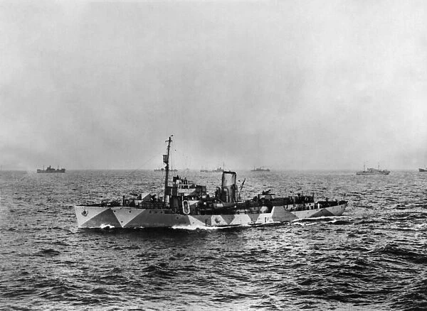 The Flower class corvette HMS Hibiscus (K24) escorting a convoy on the North Atlantic