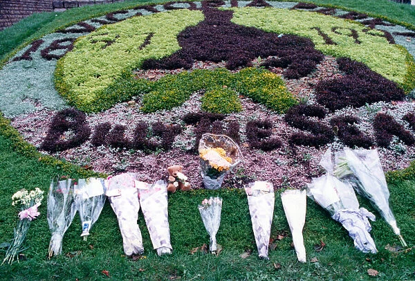 Flowers placed alongside Cardiff Castle in memory of Princess Diana. Circa September 1997