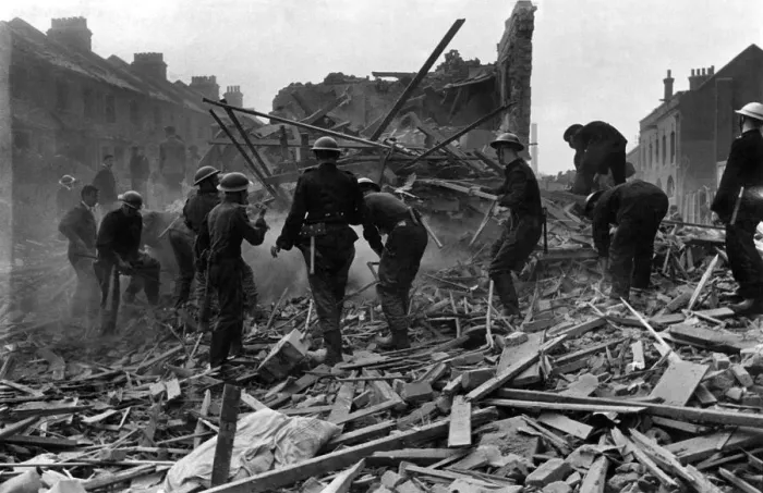 Framed Print : Flying bomb incident in Southern England showing demolished houses
