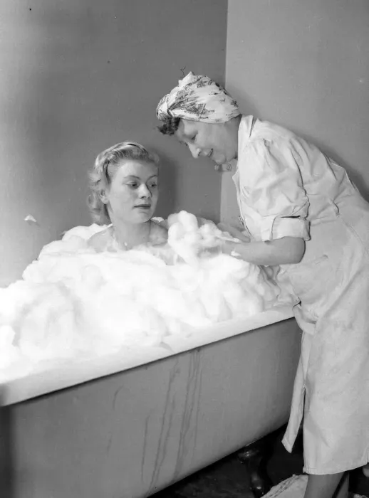 Framed Print : Foam Bath - Mrs F Matthews and Patricia Turner January 1952 Framed Print : Foam Bath - Mrs F Matthews and Patricia Turner January 1952