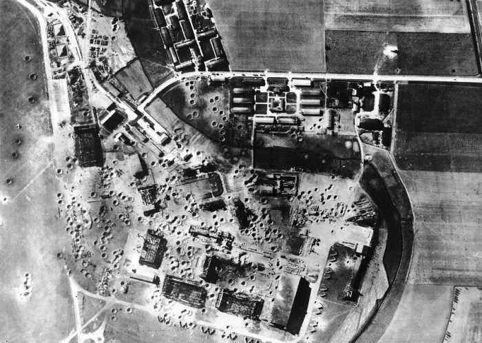 Framed Print : The Focke Wolf plant at Marionburg, East Prussia is completely blanketed by bomb